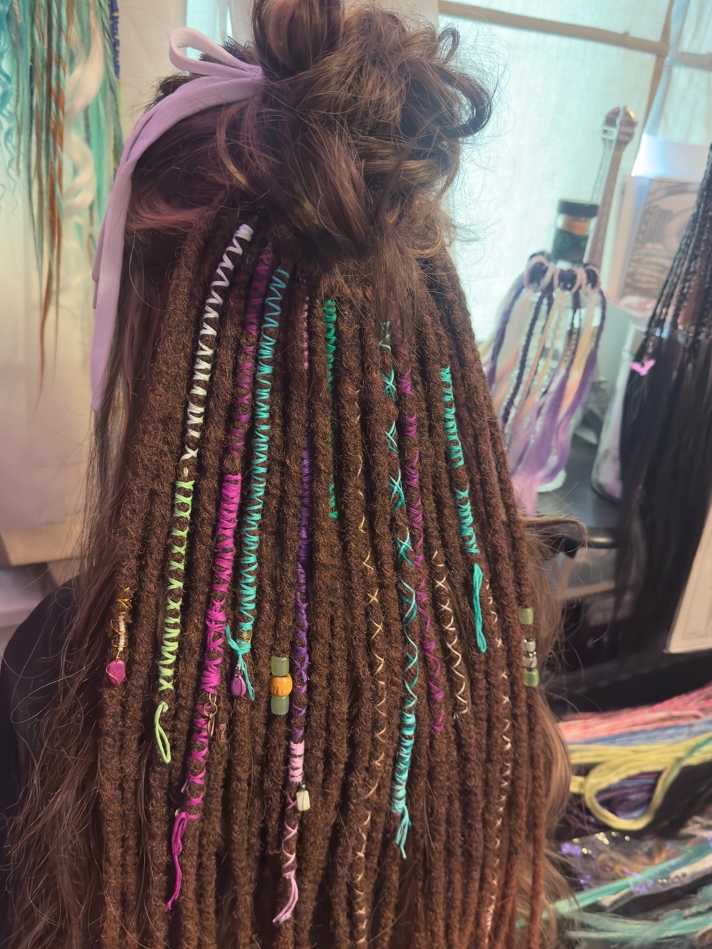 Handcrafted Brown Dreadlock Extensions with Purple & Teal Accents